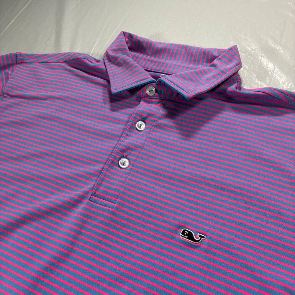 Vineyard Vines Performance Polo Shirt Mens M Pink Blue Striped Short Sleeve